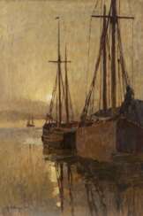 RUDOLF HELLWAG 1867 - 1942 Schiffe bei Sonnenuntergang