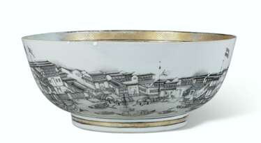 A GRISAILLE AND GILT 'HONGS OF CANTON' PUNCHBOWL 