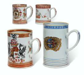 FOUR EARLY ENGLISH MARKET ARMORIAL MUGS
