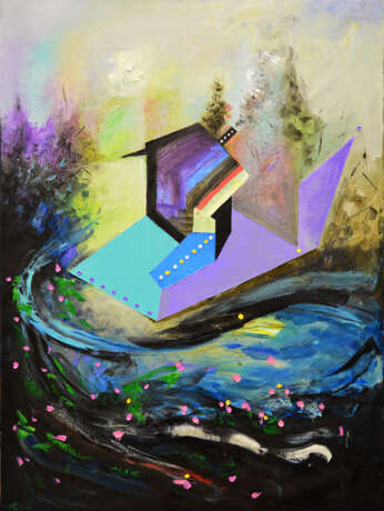 Интерьерная картина «Домик в лесу», Холст, Масляные краски, Абстрактный экспрессионизм, Пейзаж, 2020 г. - фото 1