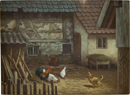 DEUTSCHER TIERMALER Tätig 1. H. 20. Jahrhundert Hahn und Hühner im Hof - фото 1