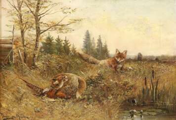 MORITZ MÜLLER 1868 - 1934 Zwei Füchse auf Fasanenjagd