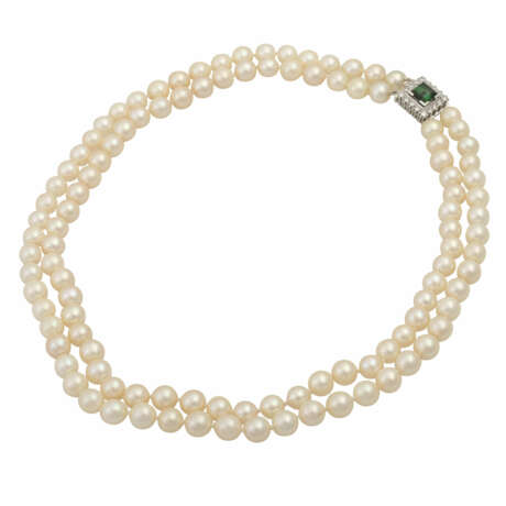 Perlenkette 2-reihig mit Turmalin-Brillantschließe, - Foto 3