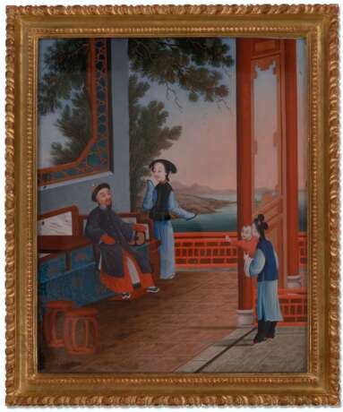 A REVERSE GLASS PAINTING OF A MANDARIN AND HIS FAMILY - photo 1