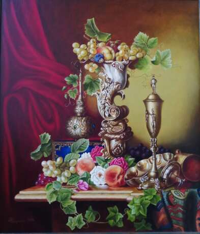 Gemälde „Obst in einer Elfenbeinvase.“, Leinen, Ölfarbe, Klassizismus, Stillleben, 2018 - Foto 1