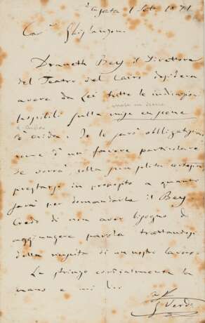VERDI, Giuseppe (1813-1901) - Lettera ad Antonio Ghislanzoni sulla Prima di Aida al teatro dell'opera del Cairo. Tenuta di Sant'Agata: 1 Settembre 1871. - фото 1