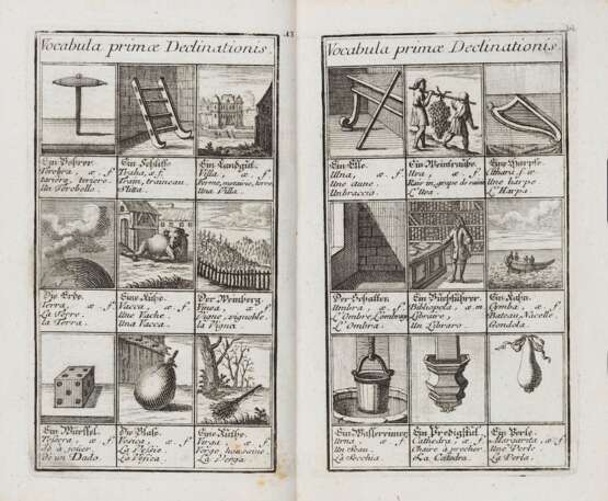 [DIZIONARIO VISIVO] - Kleines Bilder-Cabinet zu Erlernung der vier Sprachen. Augusta: Martin Engelbrecht, ca.1710. - Foto 1