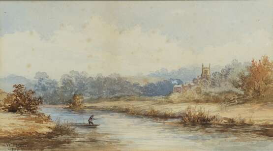 W. T. BATES Englischer Aquarellist, tätig 2. Hälfte 19. Jahrhundert Flusslandschaft mit einem Angler - Foto 1