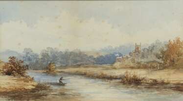W. T. BATES Englischer Aquarellist, tätig 2. Hälfte 19. Jahrhundert Flusslandschaft mit einem Angler