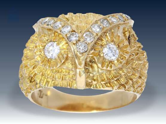 Ring: interessanter und ausgefallener vintage Diamant/Goldschmiedering mit der Darstellung eines Eulenkopfes, 18K Gold - Foto 1
