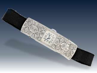 Armbanduhr: besonders schöne und äußerst seltene Art déco Platin Armbanduhr mit Diamantbesatz, Schild Frères & Co. Eterna 30er Jahre