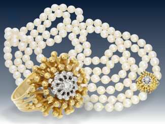 Kette/Ring: hochwertige doppelreihige Perlenkette mit schöner, ausgefallener Rubin/Brillant-Goldschmiede-Wendeschließe und passendem Brillantring