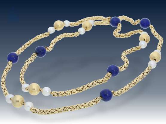 Kette: lange, äußerst dekorative und außergewöhnliche Perlen/Lapislazuli-Goldkette, Königsmuster in 18KGold - Foto 1