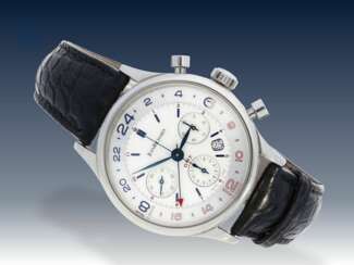 Armbanduhr: großer, sportlicher Edelstahl-Chronograph, Daniel JeanRichard Bressel GMT Ref. 54112, limitiert, No. 3/300, mit Box & Papieren