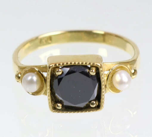 schwarzer Brillant Solitär Ring Gelbgold 750 - Foto 1
