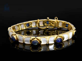 Armband: goldenes, sehr dekoratives und außergewöhnliches vintage Goldschmiedearmband mit Saphiren, Brillanten und Perlmutt