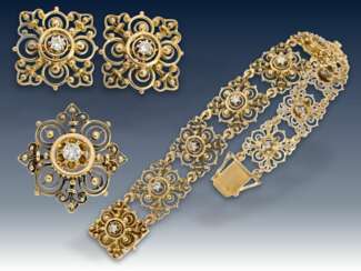 Armband/Ohrschmuck: äußerst dekoratives vintage Goldarmband mit Brillantbesatz sowie passendem Ohrschmuck und dazugehöriger Brosche, 50er Jahre