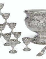 AN AMERICAN SILVER LARGE MATCHING PUNCH BOWL, TWELVE GOBLETS...