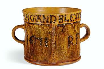A STAFFORDSHIRE SLIPWARE DATED AND INITIALED POSSET-POT