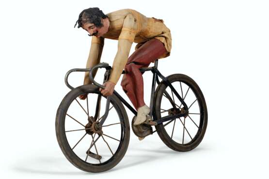 AN ARTICULATED PAINTED PINE AND FABRIC CYCLIST - photo 1