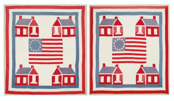 A PAIR OF APPLIQUE SCHOOLHOUSE QUILTS WITH FLAG CENTERS - photo 1
