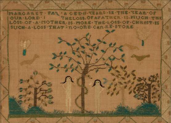 A SILK-ON-LINEN NEEDLEWORK PICTORIAL DEPICTING ADAM AND EVE ... - фото 1