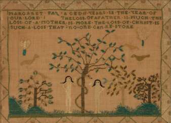 A SILK-ON-LINEN NEEDLEWORK PICTORIAL DEPICTING ADAM AND EVE ...