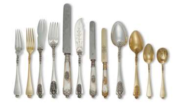 A FRENCH SILVER, PARCEL-GILT, AND MOTHER-OF-PEARL FLATWARE SERVICE