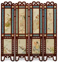A CHINESE CARVED HONGMU FOUR-PANEL FLOOR SCREEN