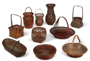 A GROUP OF TEN JAPANESE BAMBOO BASKETS