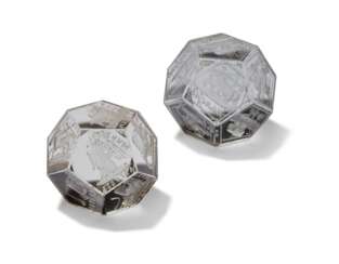TWO RUSSIAN ROCK CRYSTAL ZODIAC PAPERWEIGHTS