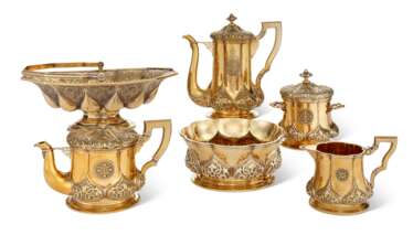 A RUSSIAN SIX-PIECE SILVER-GILT TEA AND COFFEE SERVICE