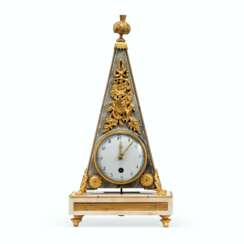 A LATE LOUIS XVI ORMOLU-MOUNTED VEINED GREY MARBLE AND WHITE MARBLE MANTEL CLOCK