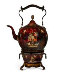 A GEORGE III BROWN AND POLYCHOME-PAINTED TOLE PEINTE HOT WATER URN AND BRAZIER