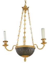 AN EMPIRE STYLE ORMOLU AND PATINATED-BRONZE THREE-LIGHT CHANDELIER