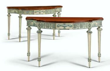 A PAIR OF GEORGE III CREAM AND BLUE-PAINTED MAHOGANY SIDE TA...