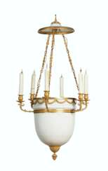 AN EMPIRE ORMOLU AND FROSTED GLASS SIX-LIGHT CHANDELIER