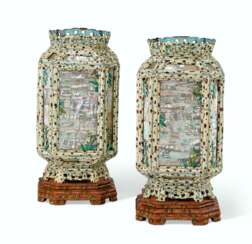 AN UNUSUAL PAIR OF CHINESE PAINTED ENAMEL AND MOTHER-OF-PEAR...