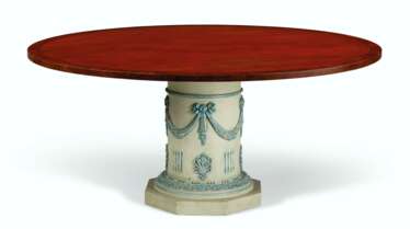 A GEORGE III STYLE CREAM AND BLUE PAINTED MAHOGANY DINING TA...