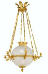 AN EMPIRE-STYLE ORMOLU, ETCHED AND FROSTED GLASS SIX-LIGHT C...