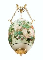 A NORTH EUROPEAN ORMOLU AND PAINTED OPALINE GLASS CHANDELIER...