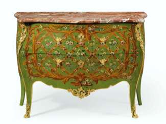 A FRENCH ORMOLU-MOUNTED GREEN AND POLYCHROME-PAINTED VERNIS ...