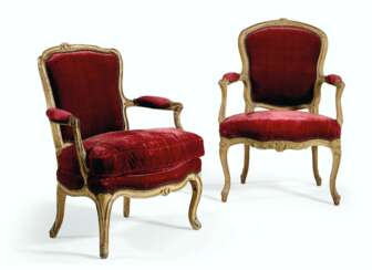 TWO LOUIS XV CREAM AND GREEN-PAINTED FAUTEUILS