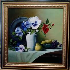 "Still life with flowers and fruits"