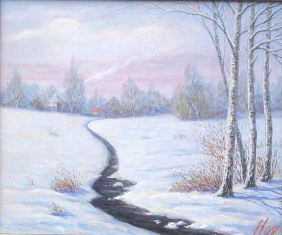 Зима за селом Linen Oil paint Realism Landscape painting 2007 - photo 1