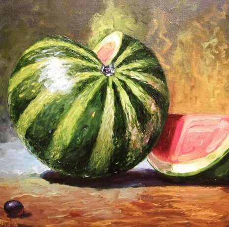 Gemälde „Stillleben mit Wassermelone“, Karton, Ölfarbe, Realismus, Stillleben, 2020 - Foto 2
