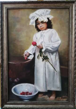 Картина «Девочка с розой», Льняная ткань, Масляные краски, Реализм, 2017 г. - фото 1