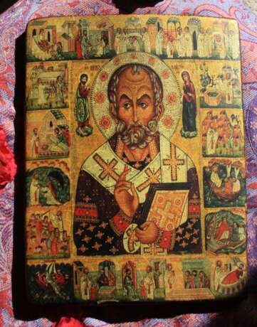 Icon “Icon of Nicholas the Wonderworker with Life \ THE ICON OF NICHOLAS THE WONDERWORKER WITH SCENES FROM HIS LIFE”, Wood, Mixed media, Baroque, Religious genre, ~ - photo 1