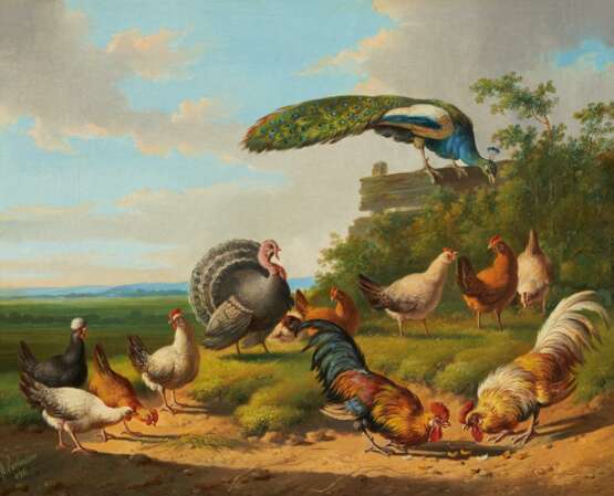 Zwei Gemälde: Hühner und Pfauen auf der Wiese - photo 1