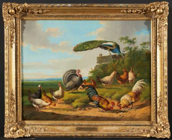 Zwei Gemälde: Hühner und Pfauen auf der Wiese - Foto 3